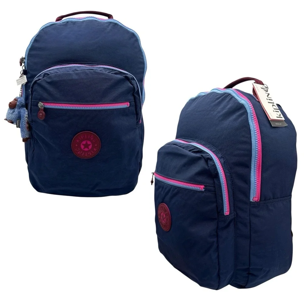 Kipling Womens Seoul Large Nylon Backpack Mod Navy Blue Pink 15